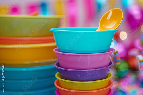 A stack of colorful plastic bowl with spoons with festive party decorations
