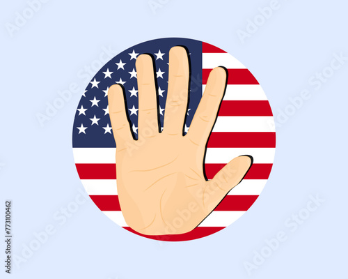 USA flag with hand stop sign, protest and human rights idea
