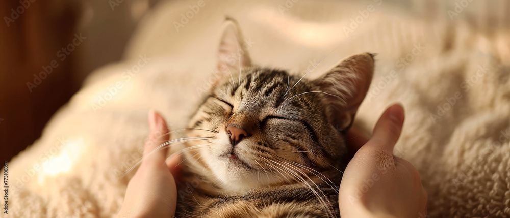Close up of cute fur cat. Female hand petting and hugging cute kitten pet. Cozy evening, domestic relax ambience at home. Close up of cute fur cat. Female hand petting and hugging cute kitten pet. Cozy evening, domestic relax ambience at home.