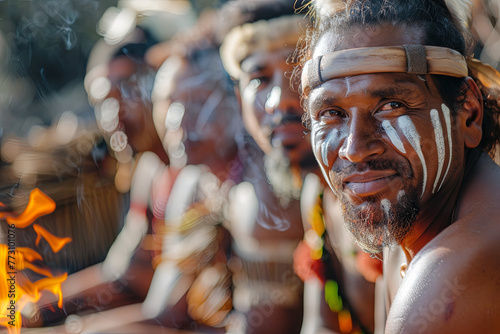 Group of Yugambeh Aboriginal warriors men demonstrate fire making craft during Aboriginal culture show in Queensland, Australia
 photo