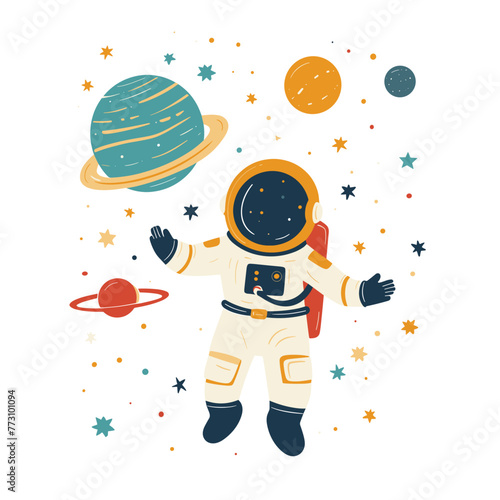 Astronaut amidst colorful planets and stars.