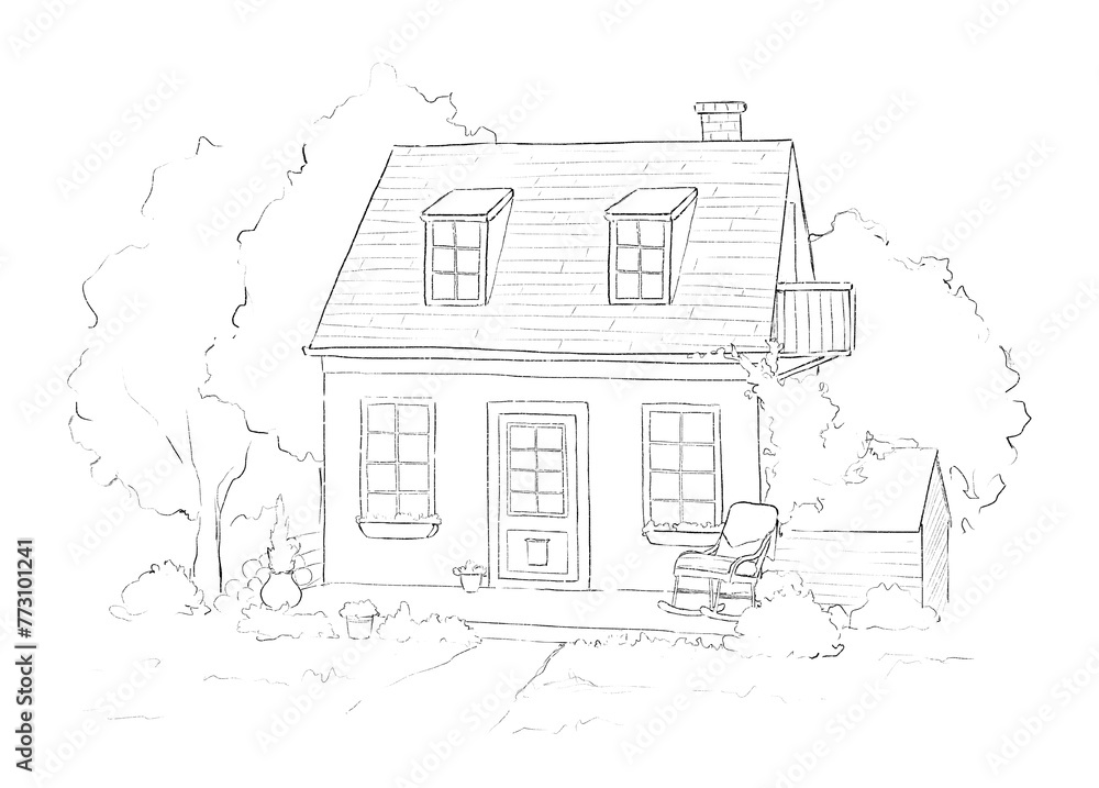 Summer landscape with country house, lawn and trees isolated on white background. Graphic outline sketch illustration