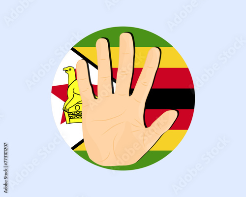 Zimbabwe flag with hand stop sign, protest and human rights idea photo