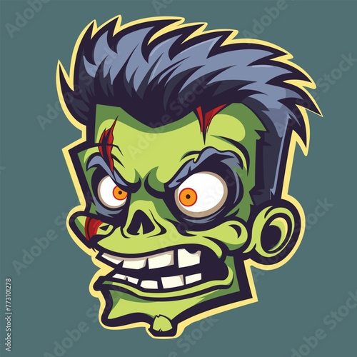 Cartoonish green zombie with wild hair and manic expression.