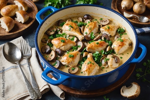 Chicken in a creamy wine sauce with mushrooms, shallots and parsley in a blue enameled pot with a spoon and napkin