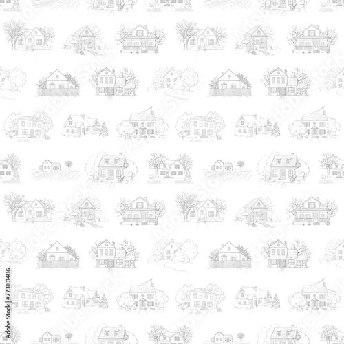 Fototapeta Naklejka Na Ścianę i Meble -  Seamless pattern with landscape, country houses and trees isolated on white background. Graphic outline sketch illustration