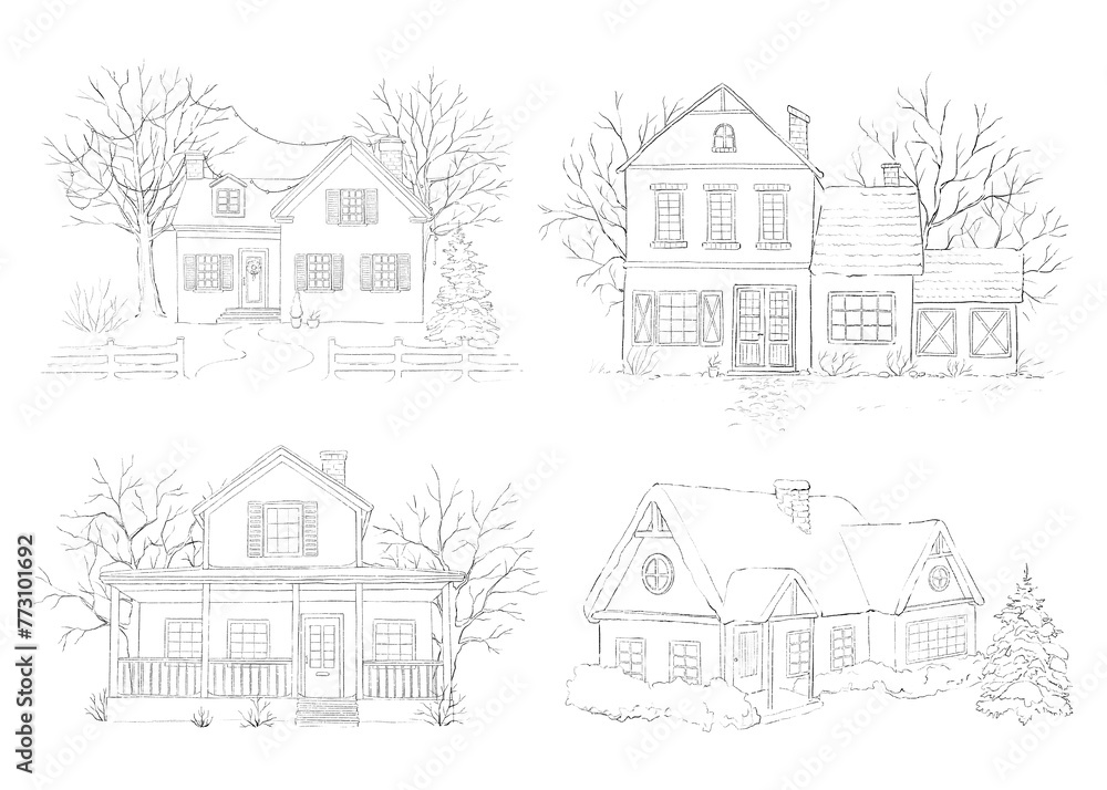 Fototapeta premium Set with winter Christmas landscape with country houses, snow and trees isolated on white background. Graphic outline sketch illustration
