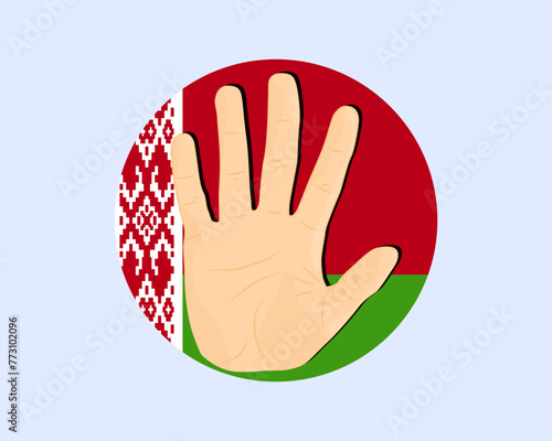 Belarus flag with hand stop sign, protest and human rights idea