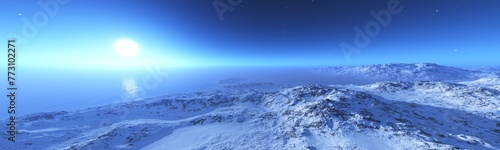 Snowy coast of the northern sea, snow and stones of the seashore, 3D rendering © ustas