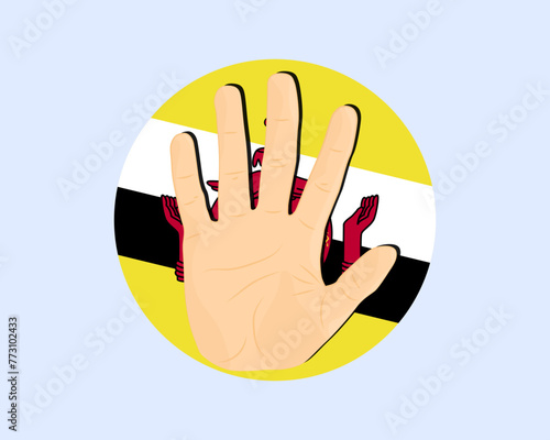 Brunei flag with hand stop sign, protest and human rights idea
