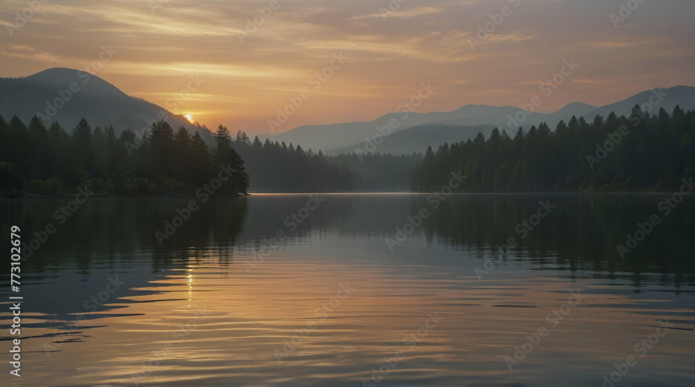 Smooth surface of a calm lake reflecting the sky at sunset, minimal ripples.generative.ai Smooth surface of a calm lake reflecting the sky at sunset, minimal ripples.generative.ai