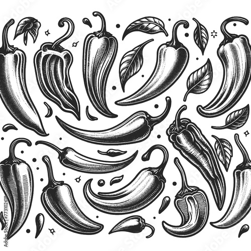 assorted chili peppers with leaves, showcasing various shapes and sizes sketch engraving generative ai raster illustration. Scratch board imitation. Black and white image.