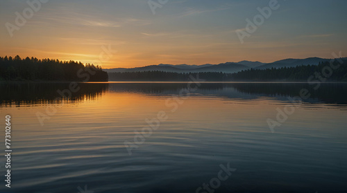 Smooth surface of a calm lake reflecting the sky at sunset, minimal ripples.generative.ai