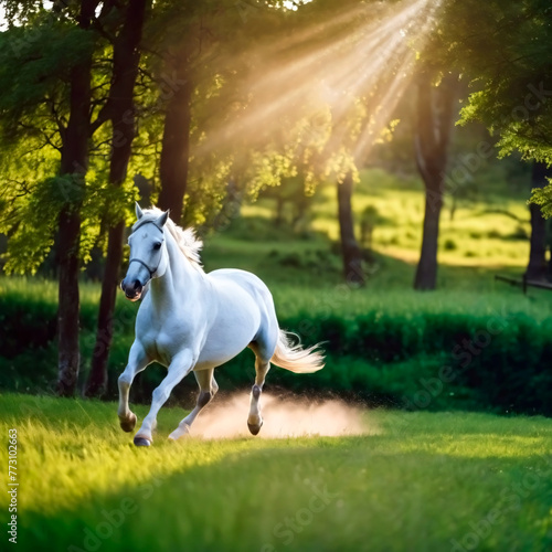 Majestic Run  White Horse Galloping at Sunset