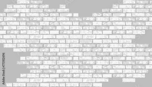 Vector realistic broken white brick wall on grey background. Holes in flat wall texture. Light textured destroyed brickwork for web design, banner, background, wallpaper.