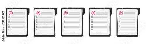 Evaluation system. Set of grades on paper. A, B, C, D, F exam result score red mark. The result of a class assignment. Vector illustration