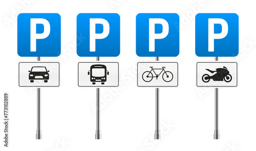 Vector Sets of Parking Lots. Letter P Parking Symbol Sign. Car, motorbike, bicycle, truck, and car parking sign. Park zone. Vector illustration