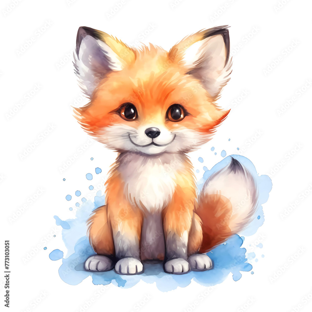Illustration of a young fox sitting with blue watercolor background Illustration of a young fox sitting with blue watercolor background