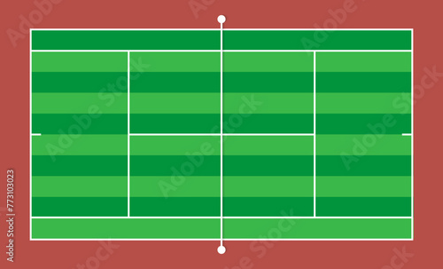 Tennis court. Grass cover field. Top view with grid and shadow. Standard regulation tennis court size. Textured realistic tennis court. Vector illustration