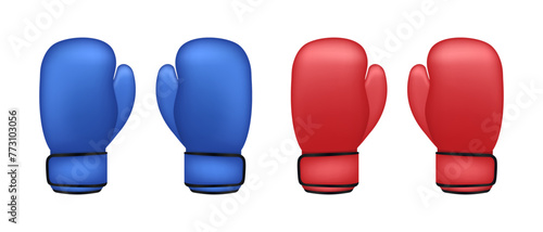 3D Red and blue Boxing gloves left and right on white background. Boxing glove Realistic red pair of box fist protection equipment. Vector boxer sportswear for punch workout. Vector illustration