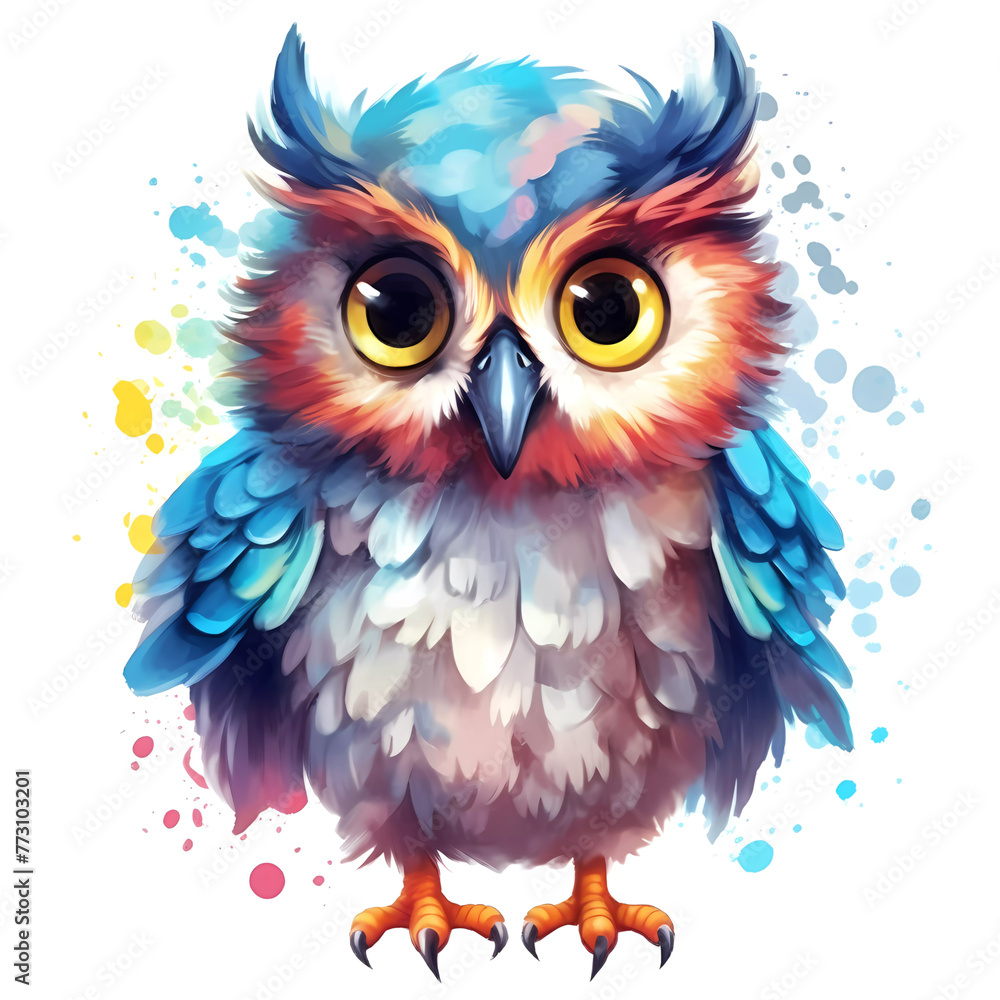 Vibrant illustration of a colorful owl with tufted ears
