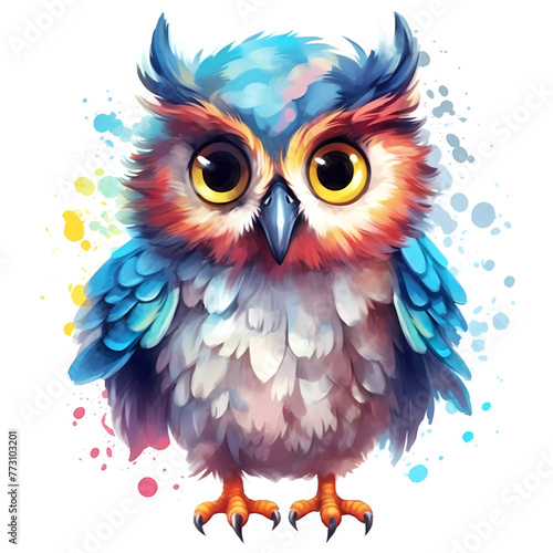 Vibrant illustration of a colorful owl with tufted ears