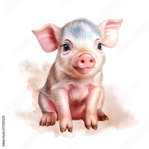 Illustration of a small piglet with a sweet gaze and watercolor effect