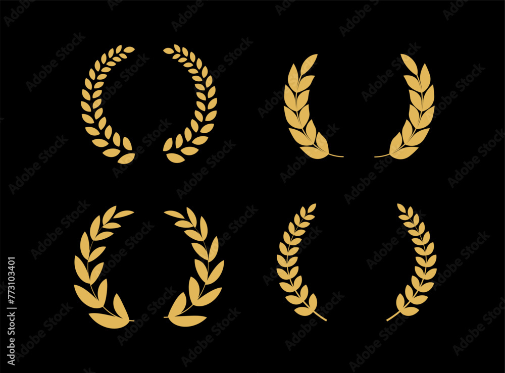 Laurel circle wreath icon. Gold laurel branches frames of the winner. Award sign. First place symbol. Emblem. Vector illustration Laurel circle wreath icon. Gold laurel branches frames of the winner. Award sign. First place symbol. Emblem. Vector illustration
