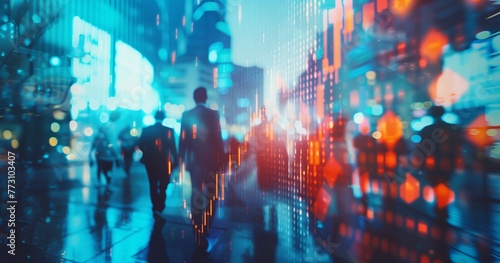 Charting Success: Harnessing Market Insights. A stock market graph and business people in motion on a double exposure background, with a blurred world map