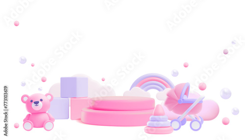 Pink podium pedestal, newborn care accessories and toys stage for baby shop 3D vector cute advertising design on white