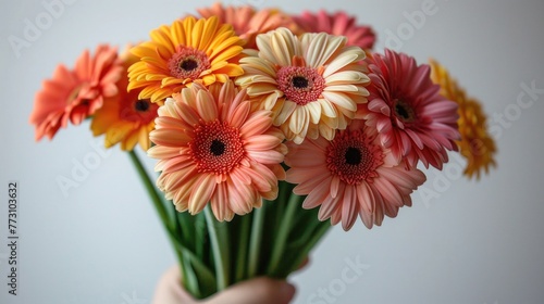 woman a hand holding a big bunch of flowers isolated on white background