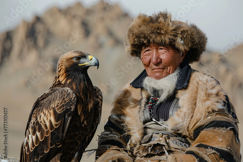 Old-man eaglehunter with golden eagle in mongolia desert
