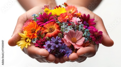 woman a hand holding a big bunch of flowers isolated on white background