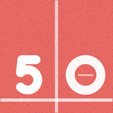 simple graphic design 50, 50th  flat 2d vector representation of a running track. of a running track with the number “50” painted on it in bold white text. the track appears to be red with white lane