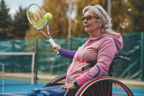 Disabled mature woman on wheelchair playing tennis on tennis court  © Fabio