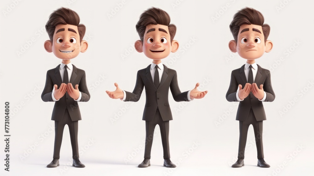 Cartoon character of a man, businessman in a suit. Isolated avatar in different poses for graphic design and advertising. Cartoon character of a man, businessman in a suit. Isolated avatar in different poses for graphic design and advertising.