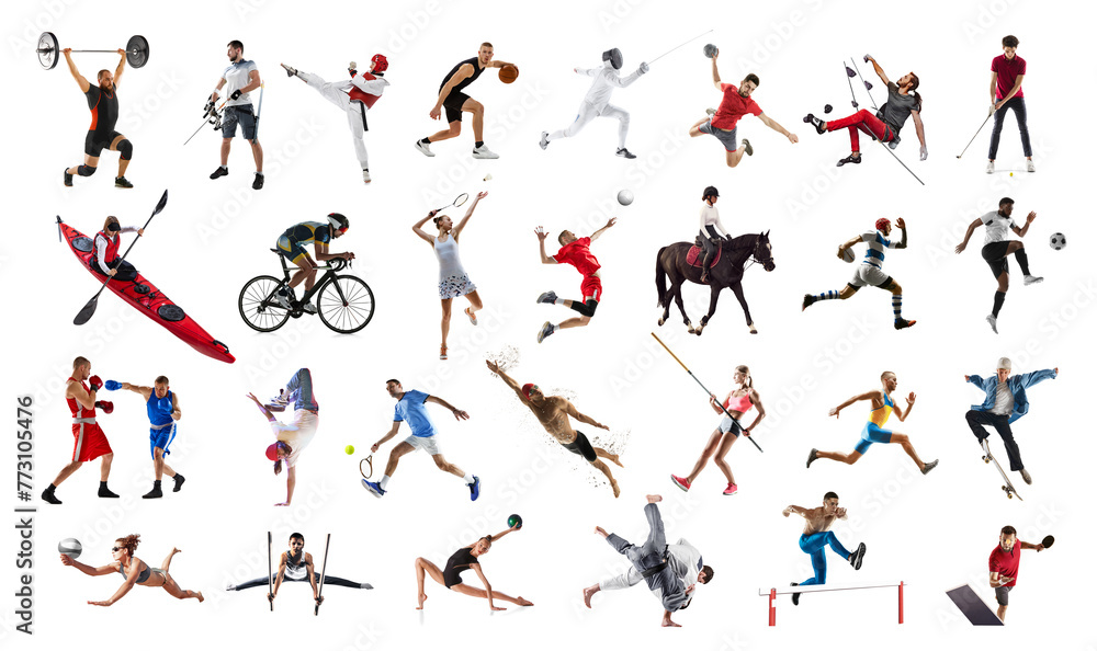Collage made of men and women, athletes in motion training, sportspeople of various kind of sports in motion isolated on white background. Professional sport, competition, championship, game concept - obrazy, fototapety, plakaty 