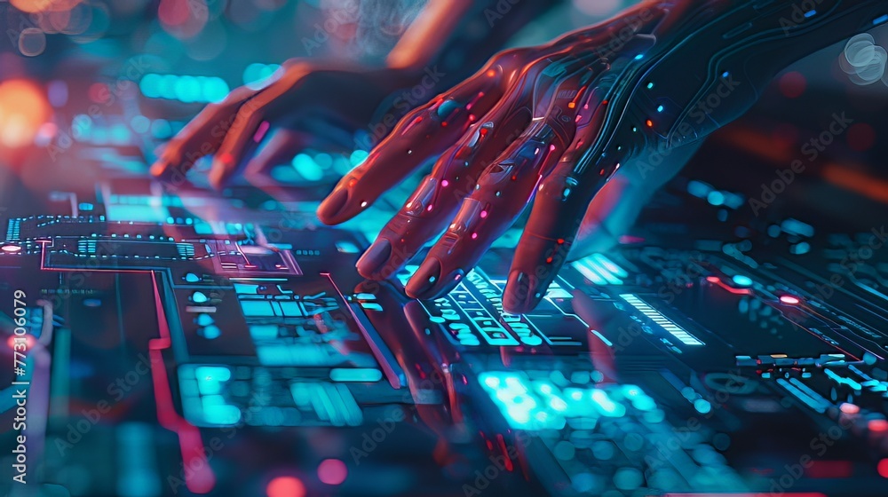 A close-up image of hands interacting with a computer, symbolizing the ...