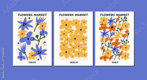 Vector illustration set of colorful botanical posters with different flowers. Naive groovy funky arts for for postcards, wall art, banner, background