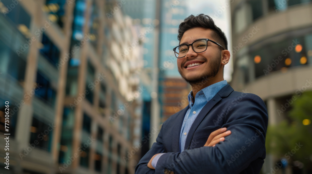 A young man with a confident smile stands with arms crossed wearing a suit jacket and dress shirt. A young man with a confident smile stands with arms crossed wearing a suit jacket and dress shirt.