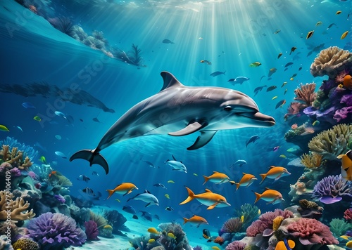 wallpaper representing a dolphin moving in the ocean floor next to coral reefs © GERARD