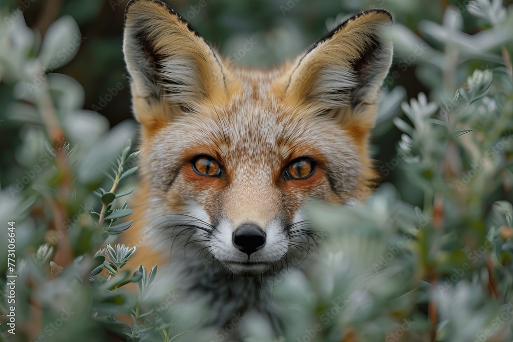 Fototapeta premium Fox hiding among the trees: a fascinating sight that leaves audiences captivated and inspired.