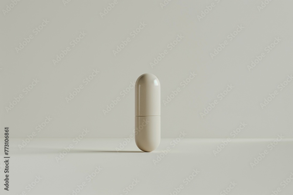 Elegant 3D render of a single pill against a neutral white backdrop, representing the potential for healing and relief Elegant 3D render of a single pill against a neutral white backdrop, representing the potential for healing and relief