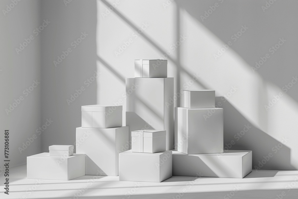 Immersive 3D scene featuring a stack of product boxes against a white backdrop, creating a minimalist yet impactful visual for marketing campaigns Immersive 3D scene featuring a stack of product boxes against a white backdrop, creating a minimalist yet impactful visual for marketing campaigns