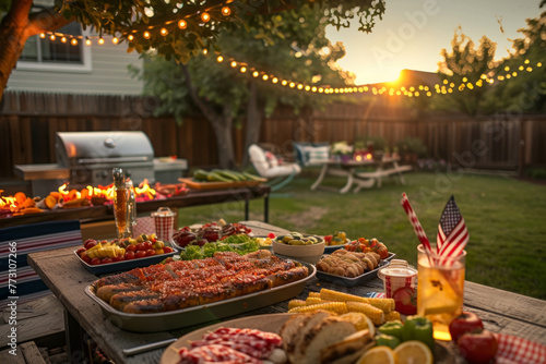 Outdoor dining table set for a patriotic event with American flags.