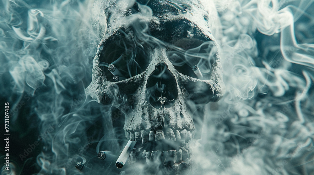 A hauntingly beautiful skull framed by tendrils of smoke, with cigarette butts littered around the edges, A hauntingly beautiful skull framed by tendrils of smoke, with cigarette butts littered around the edges,
