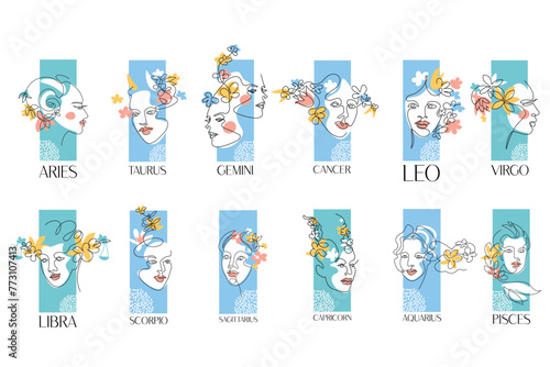 Set of zodiac signs. Aries, Taurus, Gemini, Cancer Virgo Leo. One line drawing.