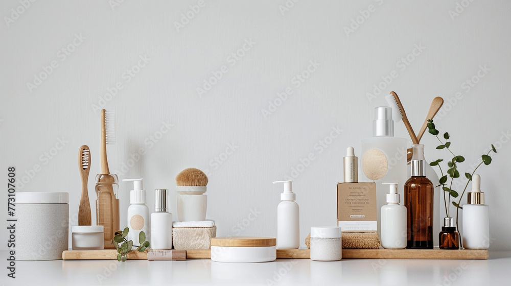 A sophisticated arrangement of health and skin care items against a white backdrop, A sophisticated arrangement of health and skin care items against a white backdrop,