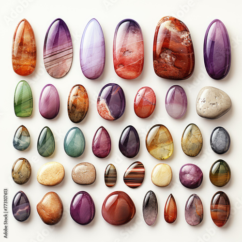 set of colorful gemstones on white background