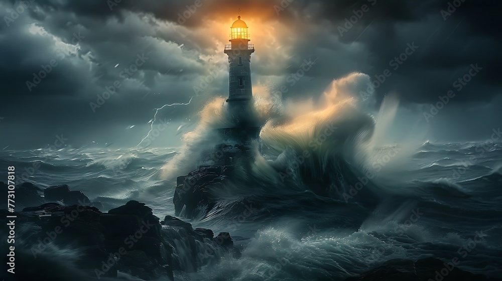 Lighthouse In Stormy Sea Landscape turbulent sea and dark clouds Sky background AI generated Lighthouse In Stormy Sea Landscape turbulent sea and dark clouds Sky background AI generated